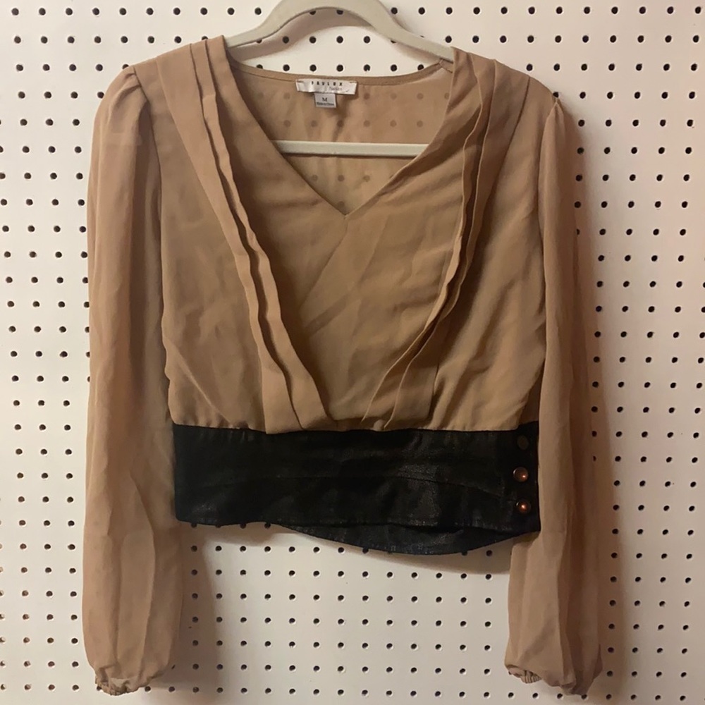 Favlux Fashion tan and black cropped blouse with sheer sleeves